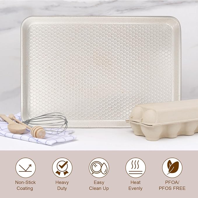 Wildone Baking Sheet Pan Set of 2, Honeycomb Embossed Nonstick Cookie Sheet | Thicker Carbon Steel Jelly Roll Pan Oven Tray 15x10 Inch, Heavy Duty & Easy Clean, White