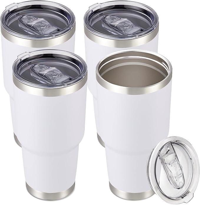 30 oz Tumbler with Lid Stainless Steel Tumblers Bulk, 4 Pack | Vacuum Insulated Cup, Leak Proof Lid, Powder Coated Travel Mug, Double Wall, Keep Cold Drinks for 12 Hours, White