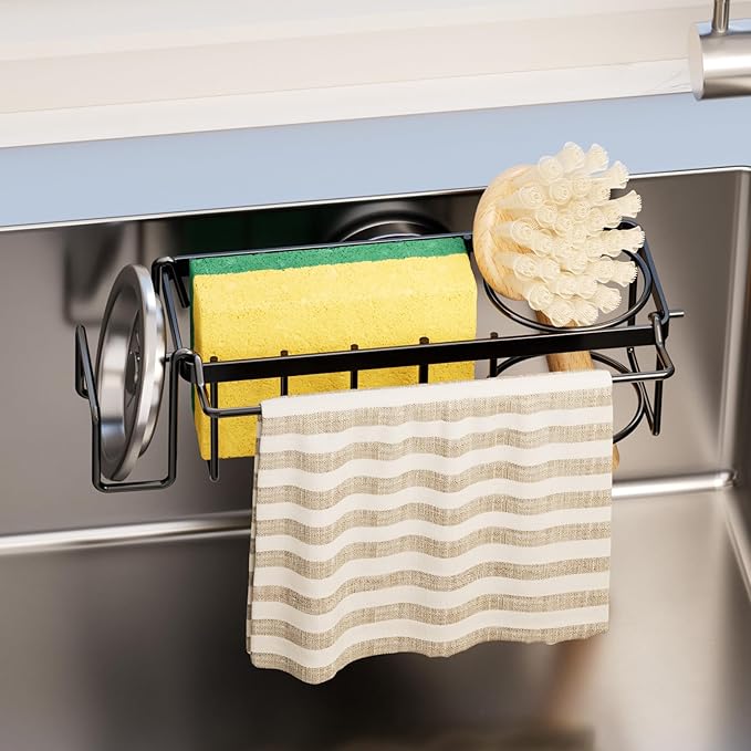 TAILI 4-in-1 Sink Sponge Holder for Kitchen with Strong Suction Cup-Black | Removable Sink Caddy with Suction Cup, Rustproof 304 Stainless Steel Multi-compartment Sink Organizer for Sponge, Brushes