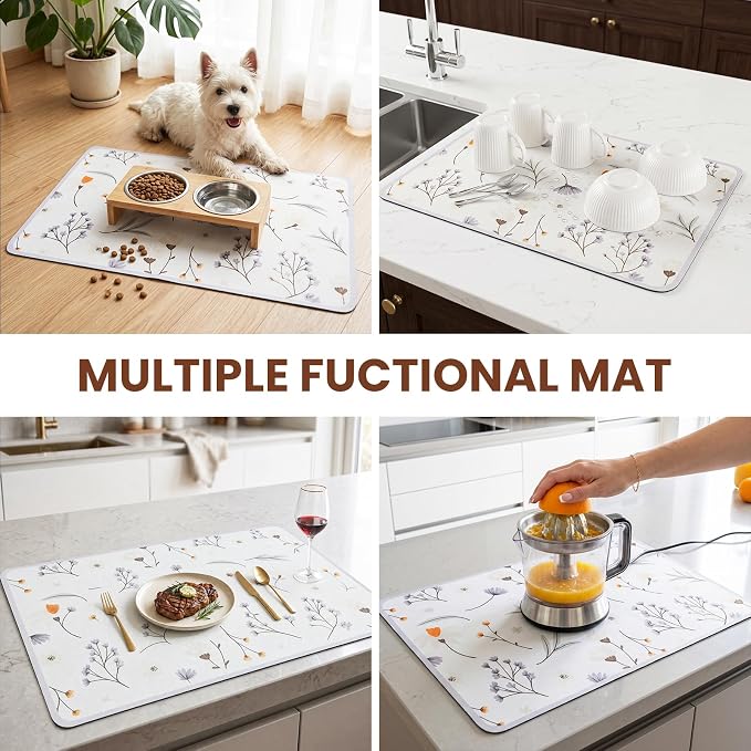 Coffee Mat Dish Drying,Non-Slip Easy Clean Sink Mat,Heat-resistant ,Fit Under Coffee Maker, Espresso Machine, Pot, Dish Rack (White petals, 16"x24")
