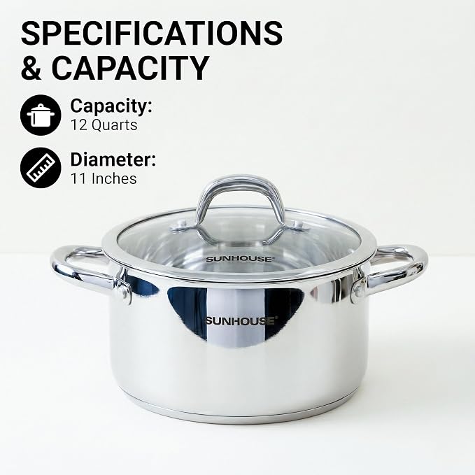 SUNHOUSE Whole-Clad 12 Quart Stainless Steel Stock Pot with Lid | Premium Whole-Body Clad Sweet-Spot Pot for Large Hot Pot, Big-Batch Broth & Crawfish Boil - Induction Compatible, Oven Safe