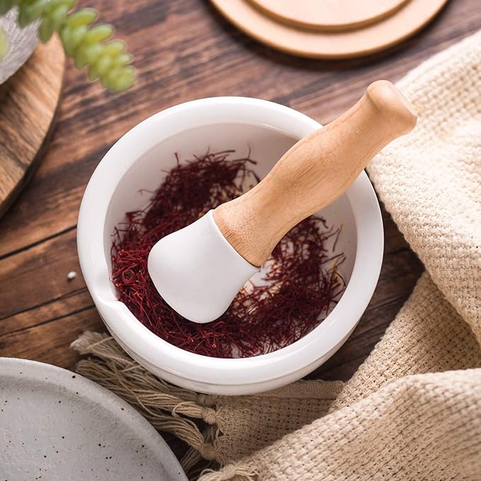 E-liu Porcelain Mortar and Pestle Set with Lid, Functional for Grinding | Pill Crusher, Spice Grinder, Herb Bowl, Pesto Powder – Molcajete for Salt - PLUS Lid/Non-Slip Base