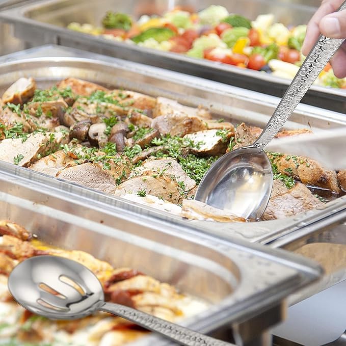 E-far Hammered Serving Spoons, 4-Piece Stainless Steel Serving Utensils Set Includes Slotted & Solid Spoons, Metal Hostess Tablespoons for Catering Buffet Party Kitchen Restaurant