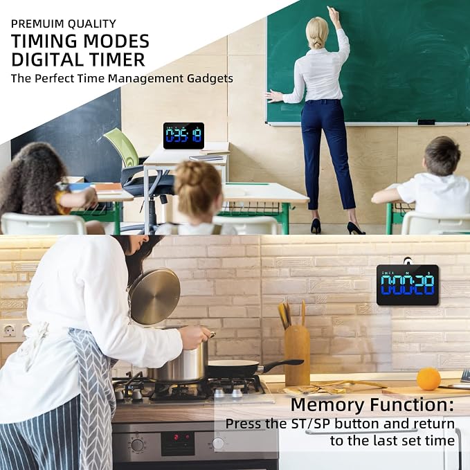PERSUPER Kitchen Digital Timer, Count Down Up, Rechargeable, Vibration Mode | Adjustable Volume and Brightness LED Display, Time Management Cook, Desk, Kids Adults Study Teaching, Kitchen Gadgets Blue