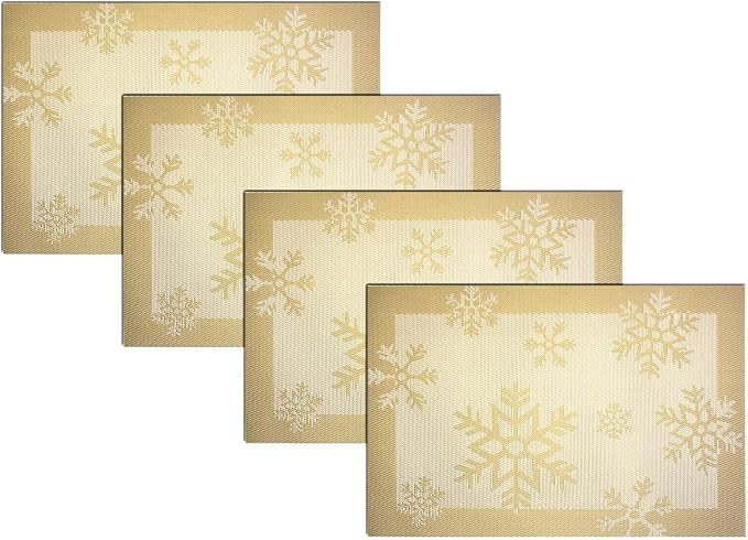 PIGCHCY Christmas Placemats Snowflake Woven Heat Resistant Placemats Washable Easy to Clean Table Mats for Dining Room and Decor(Set of 4, Gold)