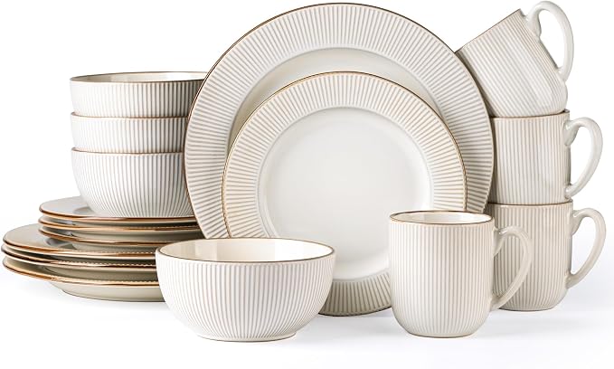 GBHOME Ceramic Dinnerware Sets of 4,16 pcs Plates and Bowls Sets Dishes | Embossed Elegant Stoneware Dishes Set | Dishwasher & Microwave Safe | Service for 4