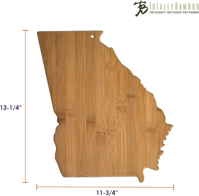 Totally Bamboo Georgia State Shaped Bamboo Serving and Cutting Board | State charcuterie board with natural bamboo grain. Knife-friendly surface for food prep. Hang tie for wall display.
