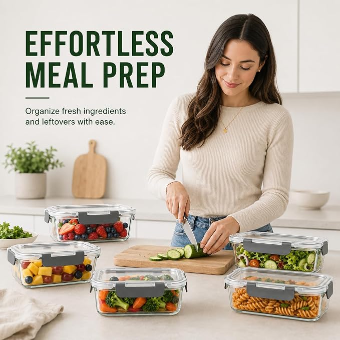 5 Pack 36oz Borosilicate Glass Food Storage Containers Set with Lids, Freezer Meal Prep Containers, Airtight Bento Lunch Container Set, Oven, Freezer and Dishwasher Safe, BPA Free, Kitchen Storage Set