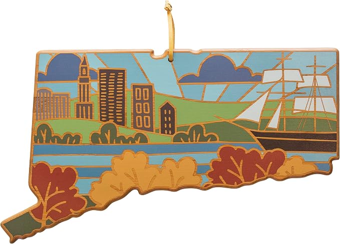 Totally Bamboo Connecticut State Shaped Cutting Board and Charcuterie Serving Platter with Artwork by Summer Stokes, Includes Hang Tie for Wall Display