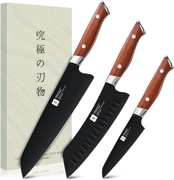 TIVOLI 3 PCS Santoku Knife Set - Chef Knife Set with Ergonomic Wood Handle | German High Carbon Stainless Steel, Full Tang Ergonomic Wood Handle, Gift Box, Stain Resistant & Easy to Clean, for Cooking