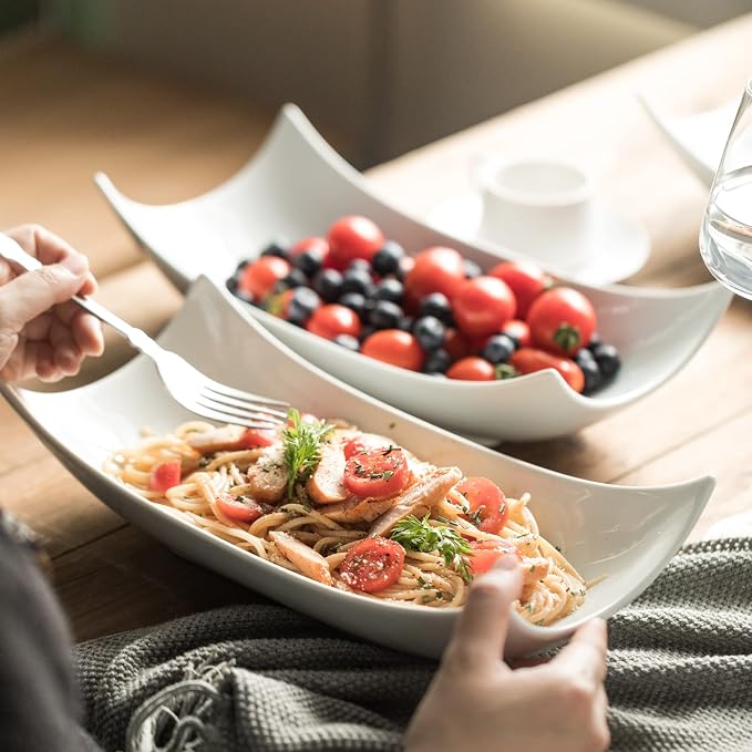 Gomakren 12 Inch White Porcelain Serving Platter Dishes Set of 3 Deep Bowl | Large capacity, heat resistant, curved anti-spill rims, stackable storage, for turkey salad Thanksgiving party entertaining