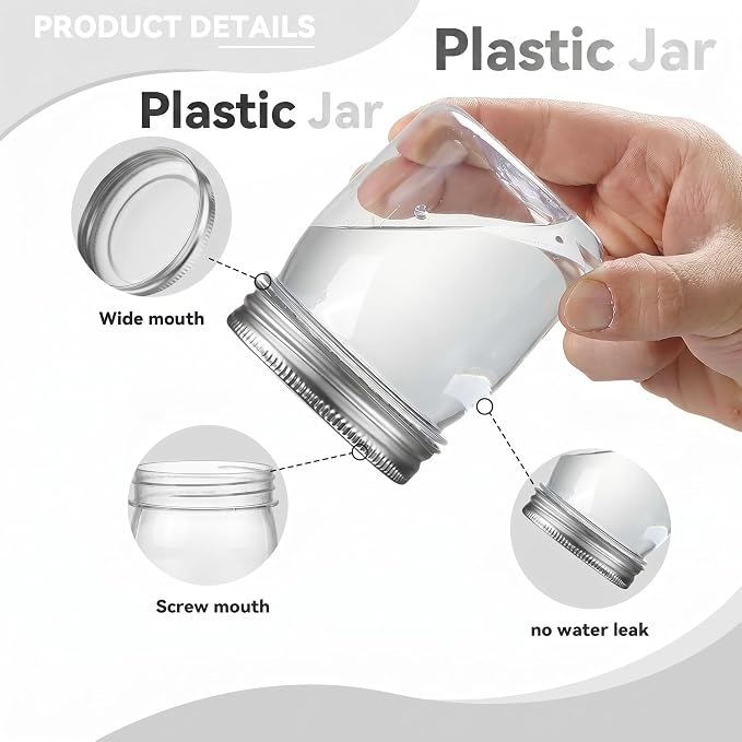 novelinks 8 oz Plastic Mason Jars and Clear Plastic Jars with Lids 8 oz | 48 Pack, Silver, Plastic Containers with Lids, Small Mason Jars, Clear Jars Bulk, Spice Jars, Slime Jars, Mini Jars