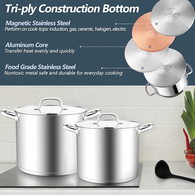 E-far 12 Quart Cooking Stock Pot, Large Stainless Steel Pot for Canning Simmering Stewing, Heavy Duty Cookware with Tri-ply Base for Induction Gas Stoves, Soup Pots with Glass Lid, Dishwasher Safe