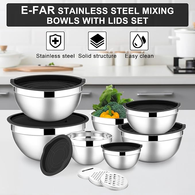 E-far Mixing Bowls with Lids Set, 7-Piece Stainless Steel Metal Mixing Bowls with 3 Grater Attachments, Size 4.6, 3.5, 2.6, 2, 1.5, 1, 0.7QT, Nesting Design & Black Airtight Lids, For Baking/Cooking