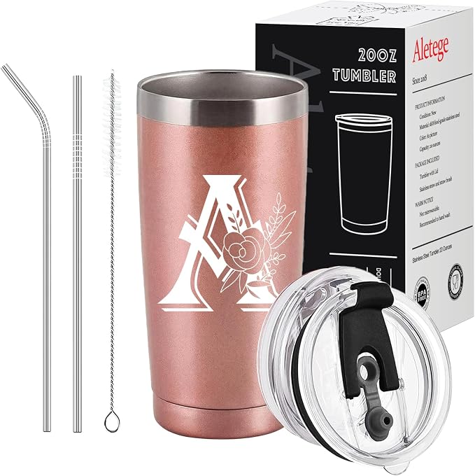 Letter A Insulated Travel Cup with Lid, Personalized Initial Mugs for Women, Letter A Gift Coffee Mugs for Women, Wife, Mom, Grandma, Bridal Shower Gifts, 20 OZ Rose Gold Two Lids