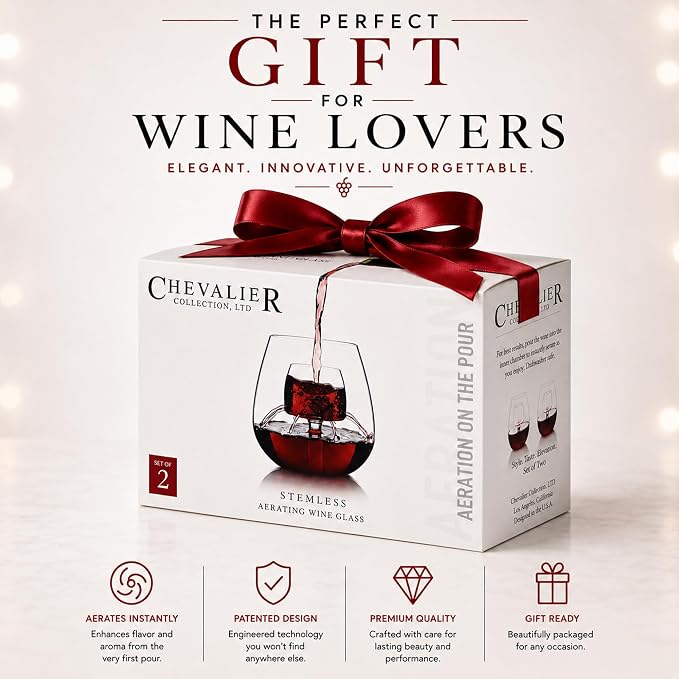 Stemless Aerating Wine Glasses (Set of 2) by Chevalier Collection – Patented Wine Glasses with Built In Aerator