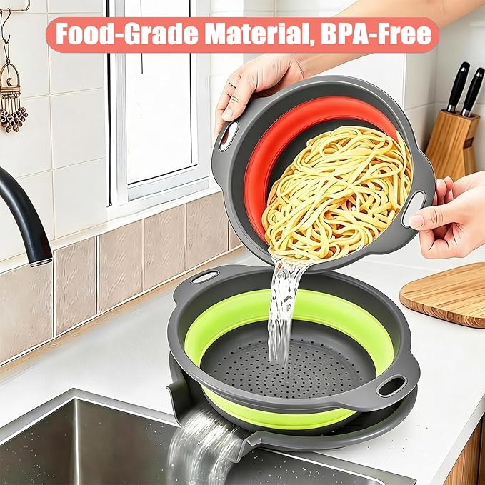Collapsible Colanders Food Strainers, 3-Pack Foldable Kitchen Strainers with Over-Sink Water Draining Tray, Space Saving Kitchen Drainer for Vegetables, Fruit, Pasta and Rice (Blue-Red-Green-Gray)