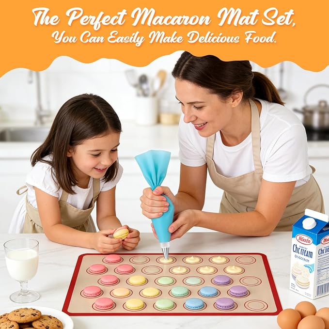 Macaron Silicone Baking Mats, 2 Nonstick Macaroon Mat Silicone, 7 Piping Tips, 2 Piping Bags, 2 Bag Ties, 2 Couplers, 1 Puff Tip, 1 Brushes, 17 Pcs Macaron Baking Kits for Macarons Cookies