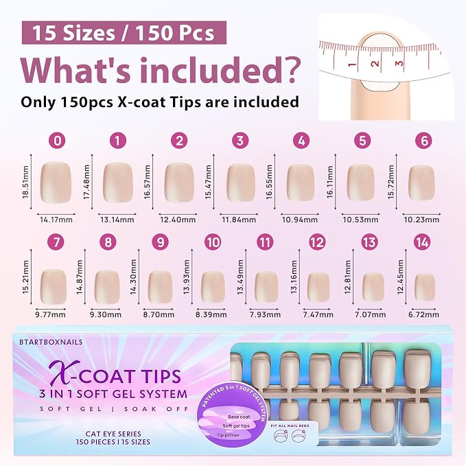 BTArtboxnails XCOATTIPS Cat Eye Press On Nails, Short Square, Aurora | Lamp-Curable 4-Week Wear, Salon Quality Value at Home, Natural Nail Look, Easy-to-Apply for Beginners, 150ct Nail Tips Only