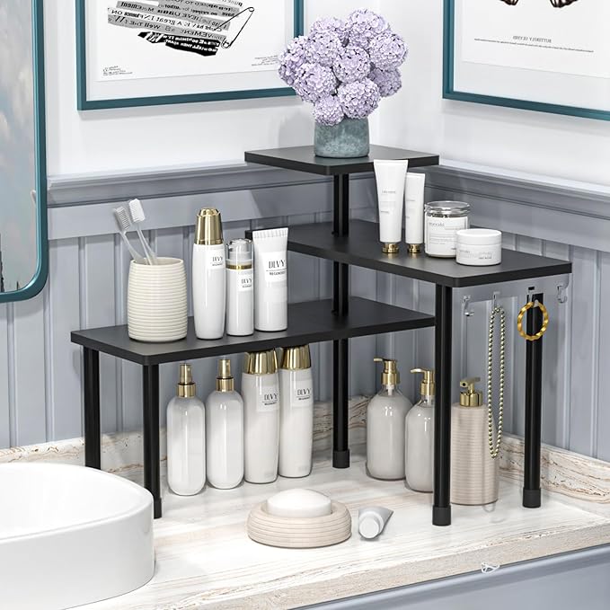 JayRex 3-Tier Bathroom Countertop Corner Shelf Organizer, Black | Space-saving corner design organizes spices, skincare and toiletries on kitchen and bathroom counters.