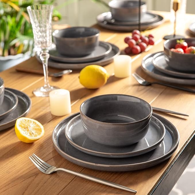 AmorArc Stoneware Dinnerware Sets for 4, 12Pcs Plates and Bowls Sets Dishes | Ceramic Round Reactive Glaze Dishes Set, Highly Scratch Resistant | Dishwasher & Microwave Safe Dishware