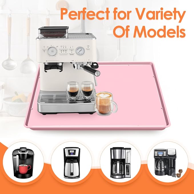 Silicone Coffee Maker Mat with Lip for Countertops, 19.7'' x 15'', Pink | Multi leak-proof coffee tray for countertop, non-slip silicone tray for under coffee machine espresso accessory, wipe-clean