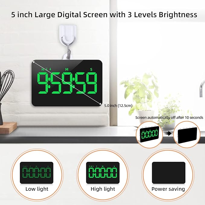 Samshow Rechargeable Digital Kitchen Timer, Green, 5 Inch | Countdown/Up, 3 Adjustable Brightness, 4 Adjustable Volume , 5" LED Display, Magnetic, For Classroom/Office/Home/Work/Game
