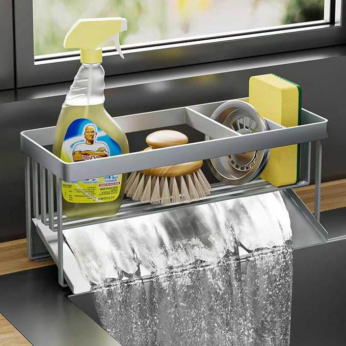 Kitchen Sink Caddy Organizer for Kitchen Countertop Organizers Silver | 304 Stainless Steel, Removable Drip Tray, Home Decor Accessories