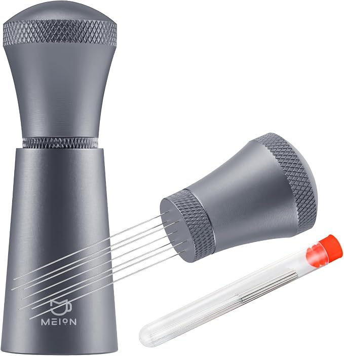 WDT Espresso Distribution Tool Espresso Stirrer Tools for Barista, 0.35mm 7 Needles Espresso Coffee Stirrer with Extra 7 Replaceable Needles, Aluminum Alloy Handle with Stand (Grey)