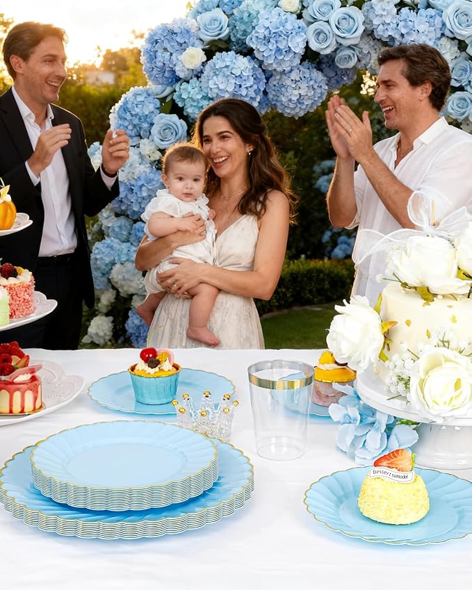 YOUBET 175PCS Light Blue Scalloped Plastic Plates for Party Wedding | Blue Disposable Dinnerware Set Include 50 Plates, 75 Gold Silverware, 25 Cups, 25 Napkins for Baby Shower
