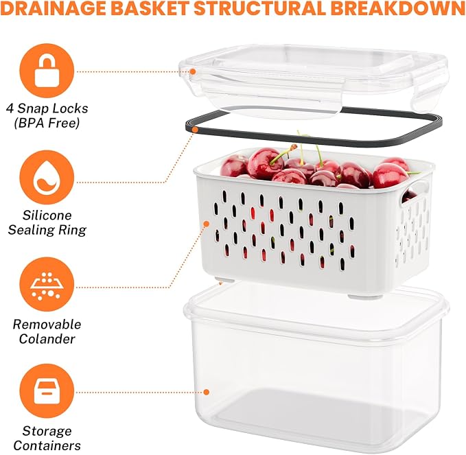 8 Pieces Fruit Storage Containers for Fridge with Lids and Strainer | 4Pack Fruit Containers for Fridge, Fresh Produce Saver Keeper for Vegetable Fruit Salad, BPA Free Organizer for Refrigerator