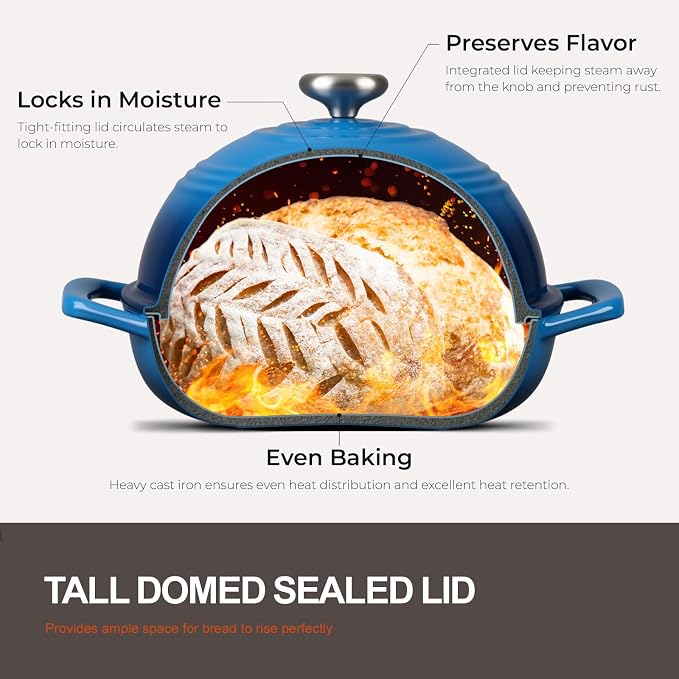 Overmont Enameled Cast Iron Dutch Oven, 6QT Bread Oven with Dome Lid Recipe | Tall Bread Pot with Potholders, for Sourdough Bread Baking Artisan Loaves, Crispy Crust & Better Oven Spring, 500°F Oven Safe