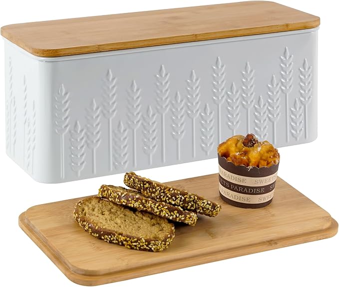 Large White Ear of Wheat Embossed Bread Box with Bamboo Lid | Corner Breadbox for Homemade Bread, Metal Bread Storage Container Bin for Kitchen Countertop