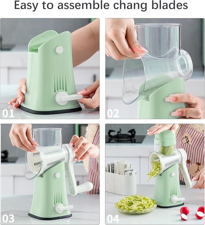 5 in 1 Rotary Cheese Grater Hand Crank, Cheese Shredder with Handle | Replaceable Stainless Blades Cheese Shredder, Cheese Vegetable Slicer, Easy to Clean Kitchen Gadgets with Storage Box