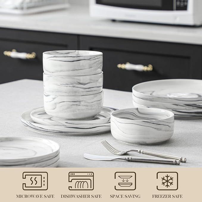 MALACASA 12 Pcs Porcelain Plates and Bowls Sets,Dinnerware Set for 4,Grey | Modern Ceramic Dishware Set,Kitchen Dining Ware,Microwave and Dishwasher Safe,Unique Marble Grey Design,Series LUNA