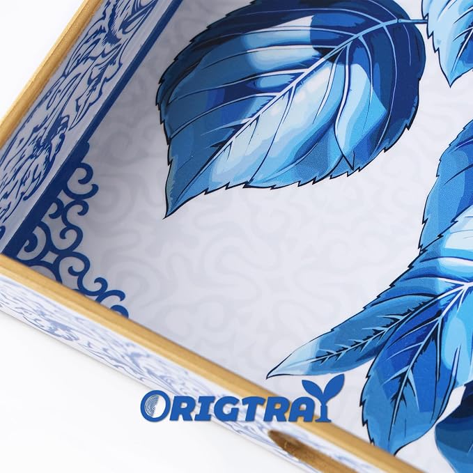 Serving Tray with Handles, Rectangular Plastic Tray 15.75x11.81 Inch, Decorative Tray for Kitchen, Dining Table, Vanity, Office & Home (Blue Hydrangea, 15.8" x 11.8" x 1.6")