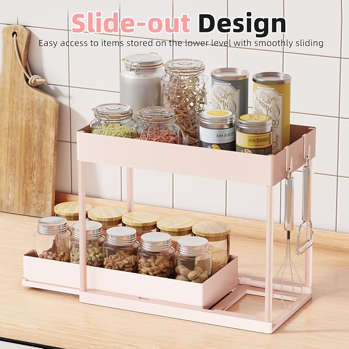 Simple Trending Under Sink Organizer 2 Pack, with Sliding Drawer, Pink | 2-Tier Multi-Use Under Shelf Organizer with Hooks, Sink Pull-Out Sliding Storage Cabinet for Kitchen Bathroom, Easy Assembly