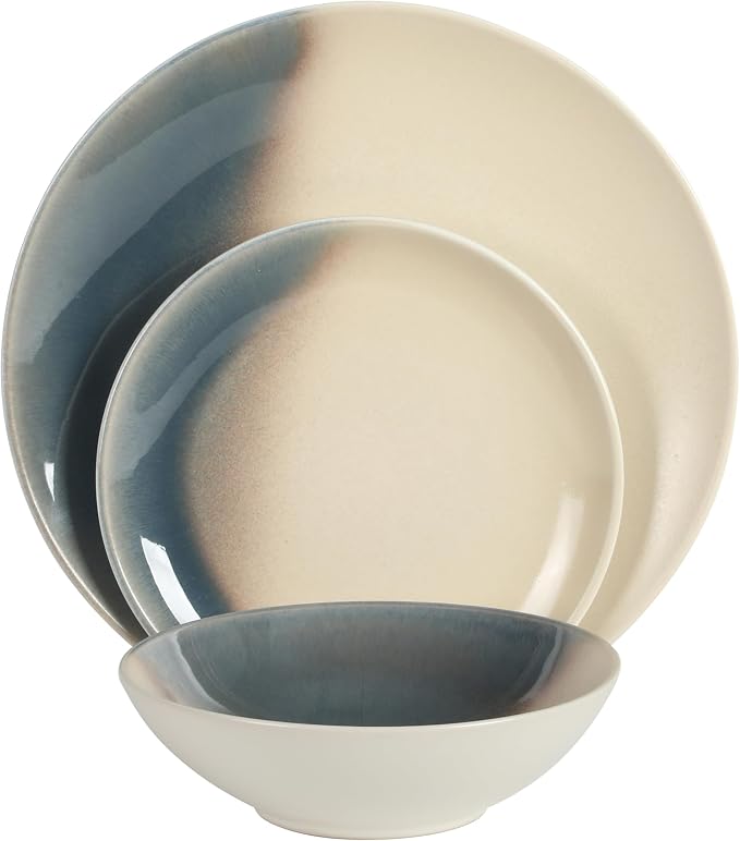 Gibson Elite Crescenton Plates and Bowls Sets, 12-Piece Blue Stoneware Dinnerware Sets, Round Reactive Glaze Dish Set