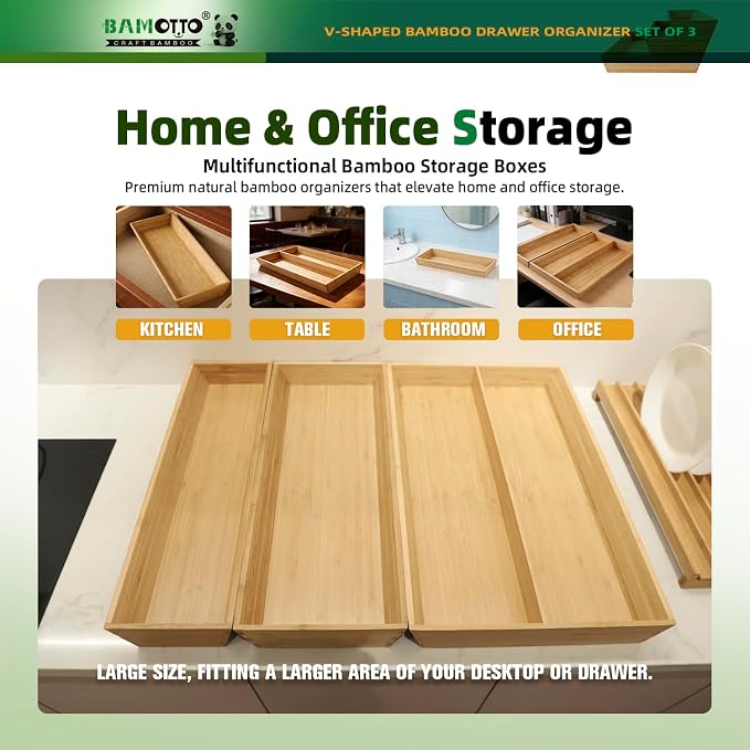 BAMOTTO CRAFTBAMBOO Large Long V-Shaped Bamboo Drawer Organizer Set of 3 | Silverware & Cutlery Tray | Flatware & Utensil | Kitchen & Bathroom | 19.6"×5.7" & 19.6"×7.8" & 19.6"×12.4"