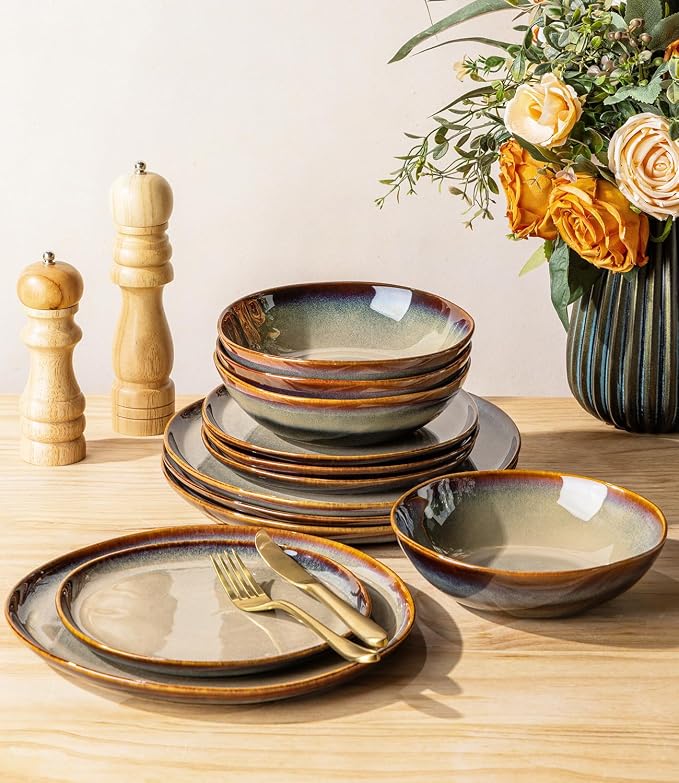 Ceramic Dinnerware Set for 4, 12-Piece Plates and Bowls Set | Handmade Reactive Glaze Dish Set, Scratch Resistant, Oven & Microwave & Dishwasher Safe, Mocha Brown