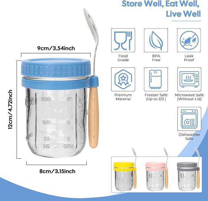 CycleMore 4-Pack 16 oz Overnight Oats Containers with Airtight Lids, Colorful Lids & Spoons, Wide Mouth Mason Jars, Glass Food Storage Containers for Snacks, Yogurt, Cereal, Fruit