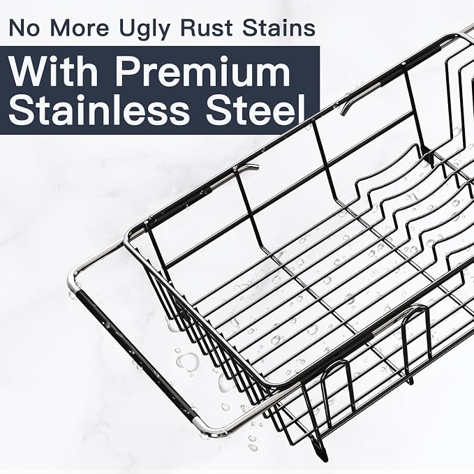 Dish Drying Rack Over The Sink with Utensil Holder | Expandable Stainless Steel Dish Drainer for Small Kitchen, Apartment, RV, Counter Space Saving, Perfect Fit, Rustproof