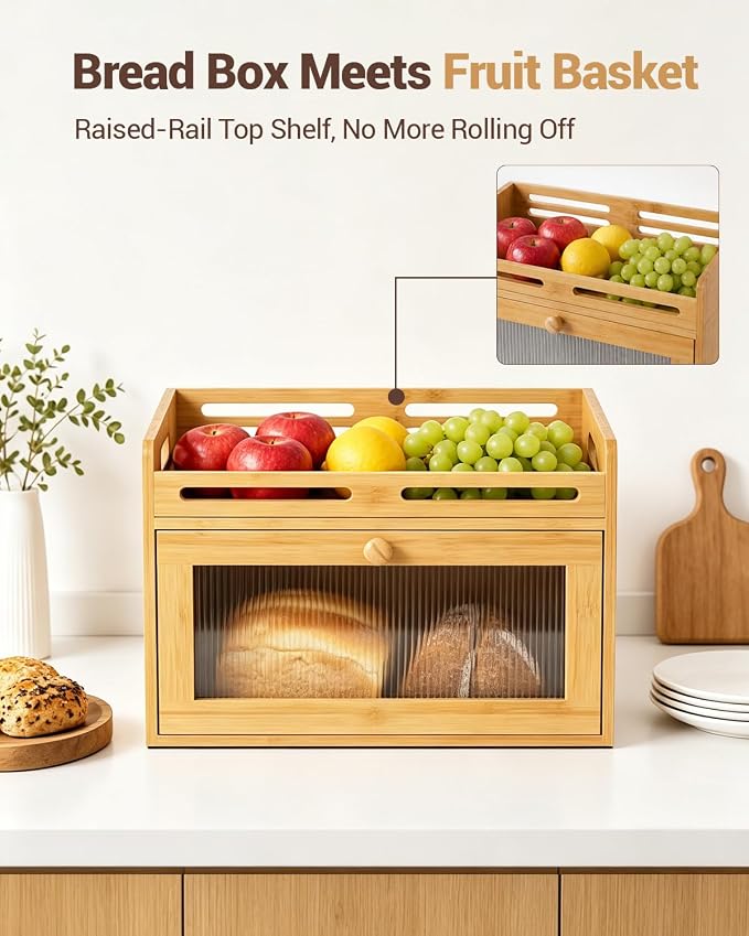 Bread Box for Kitchen Countertop, Bamboo Bread Storage Container with Raised-Rail Top Shelf and Acrylic Window, Farmhouse Breadbox Organizer for Pantry, Fruit, Spices
