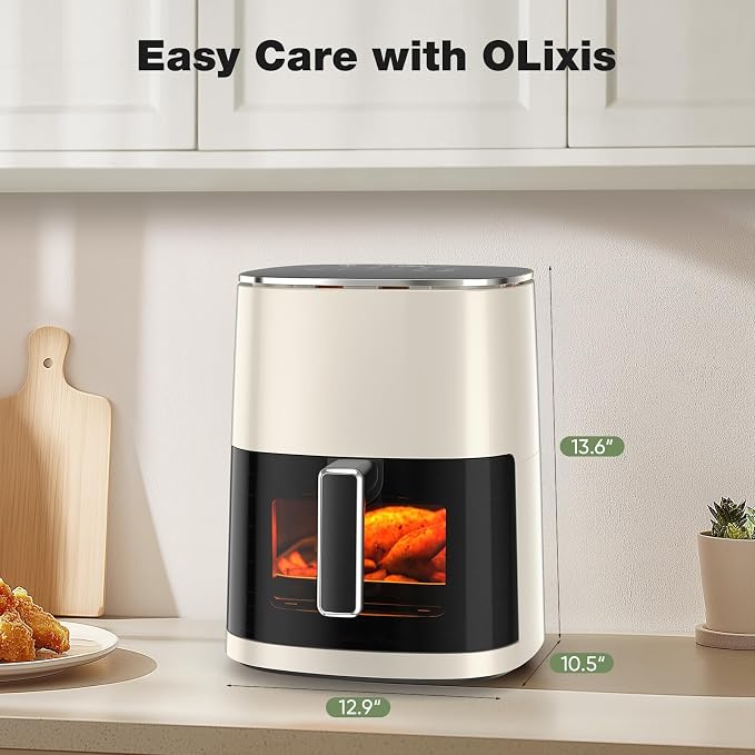 OLIXIS 12-in-1 Air Fryer 6.34 Quarts, Visable Airfryer with Window, 400°F, Roast, Reheat, Dehydrate, Bake, Steam, Fries, Custard, Chicken, Wings, Sea Food, Vegetabels, Pearl White