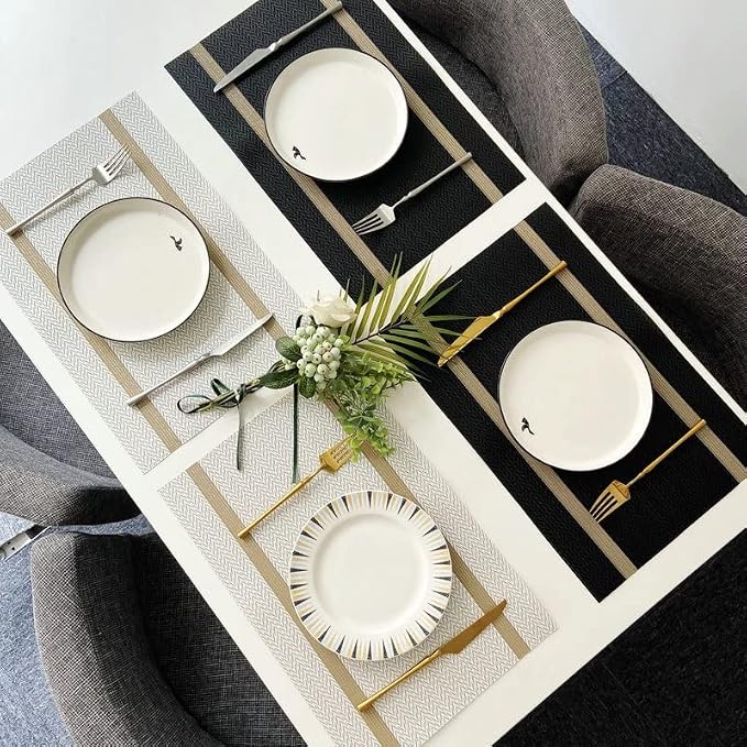 PIGCHCY Luxurious Placemats and Table Runner Set, Stylish Durable Placemats Set of 6 for Home Wedding Hotel Decoration (Beige White)