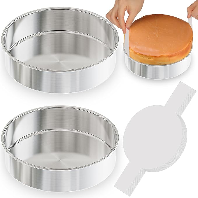 8 Inch Cake Pan Set of 2, Stainless Steel Baking Pans & 100 Parchment Paper | AWTBDP Nonstick Smash Circle Round Cake Pans Tins for Birthday Christmas Layer Cake, Healthy & Dishwasher Safe & Easy Clean