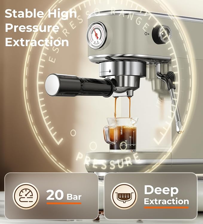 atatix 20 Bar Espresso Machine with Milk Frother, Compact Espresso Maker | Stainless Steel Coffee Machine with Precise Temp Control & 44oz Removable Water Tank for Latte, Cappuccino, Light Grey