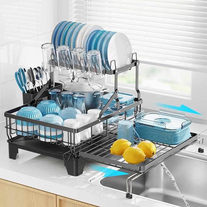 Large 2 Tier Dish Drying Rack - Expandable Over Sink & Counter Use | Extendable Drying Space, Auto-Drain Spout, Stable Screw-Fixed Frame, Cup & Utensil Holder, Rust-Resistant Kitchen Rack, Black