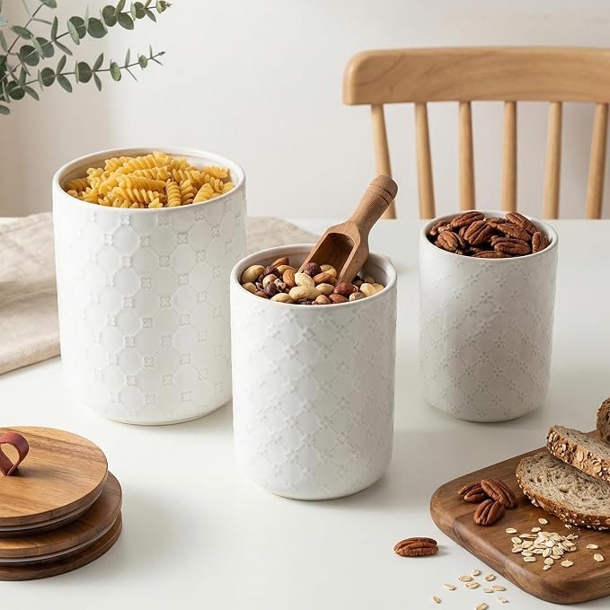 White Ceramic Canisters Set with Airtight Lids, 82/48/30 oz Coffee Canisters Sets for the Kitchen, Large Jars for Flour, Sugar, Pasta, Coffee, Cookies, Tea - Set of 3, Embossed Pattern