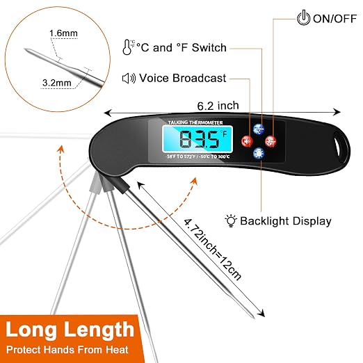 Digital Talking Thermometer for The Blind, Waterproof Instant Read Food Thermometer with Talking Function & Backlight, Meat Thermometer with Probe for Cooking and Grilling, and More